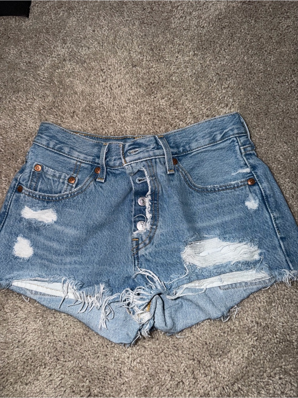 Levi's Light Blue Distressed Button-Fly Denim Shorts